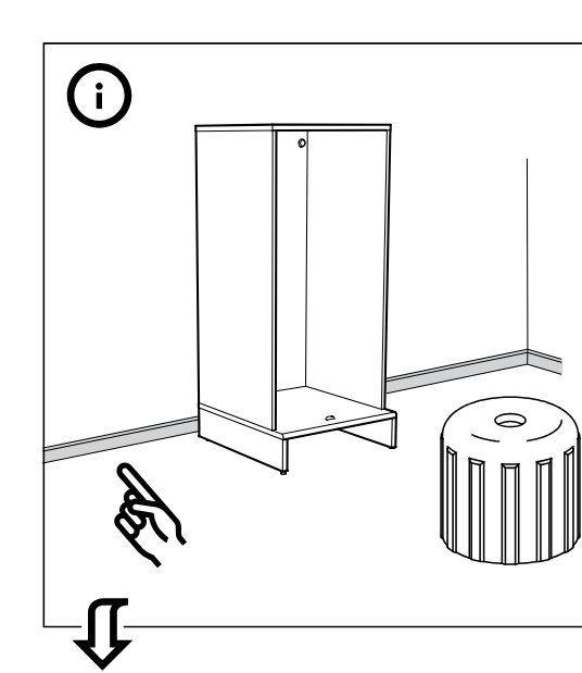 Illustration for assembly note: Freestanding info panel shows the cabinet positioned by the wall and fitting the round cover/cap piece 150689 near the base by hand.