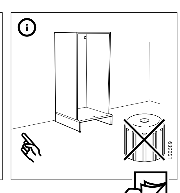 Illustration for assembly note: Freestanding info panel shows the cabinet by the wall with the round cover/cap 150689 crossed out and a page-turn icon referring to page 17.