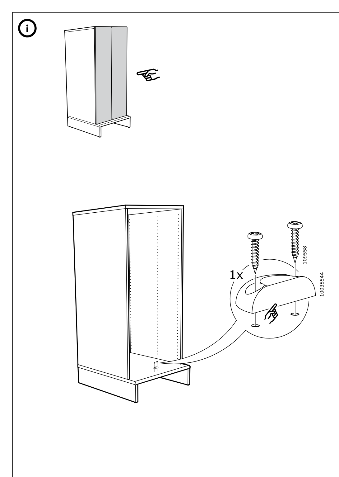 Illustration for assembly note: Information panel shows the cabinet standing on its base and indicates pressing the 1x cover piece 10038544 into two holes, then fastening it with two screws 109558 at the bottom front inside area.