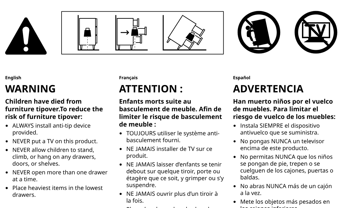 Illustration for assembly note: Tip-over safety warning panels and symbols showing anti-tip installation, no TV placement, and multilingual warning text in English, French, and Spanish.