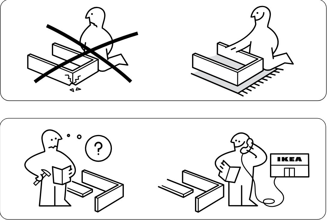 Illustration for assembly note: Preparation warnings show not to assemble directly on a hard floor, to assemble on a soft surface, and to contact IKEA if parts are damaged or unclear.