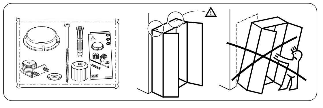 Illustration for assembly note: Preparation warnings show to use the included anti-tip fitting instructions, check the cabinet top edge orientation, and do not tip or move the tall cabinet alone.
