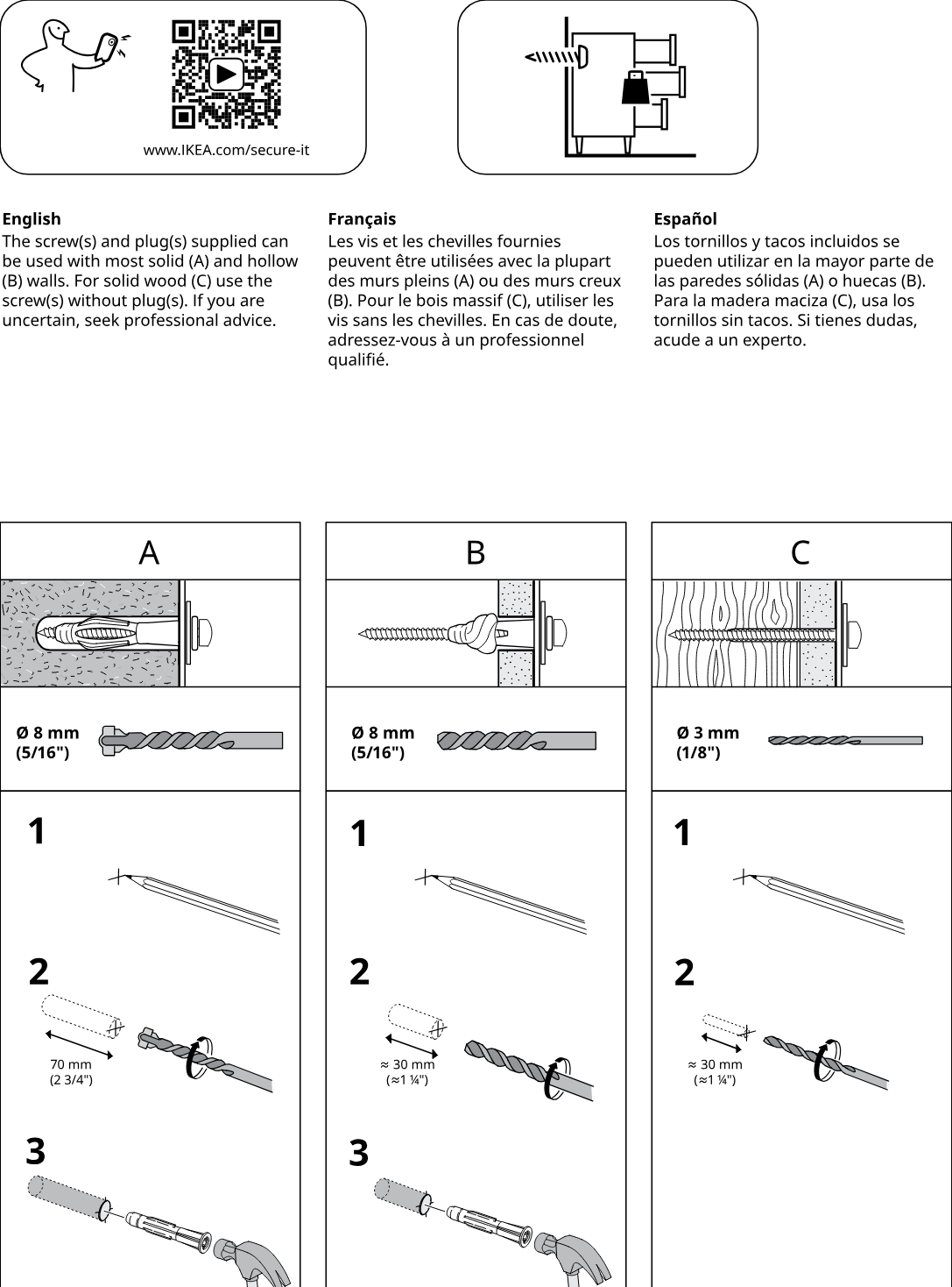 Illustration for assembly note: Wall-fixing reference page showing secure-it reminder icons, multilingual guidance about supplied screws and plugs for wall types A/B/C, and three bordered instruction panels for solid wall, hollow wall, and solid wood drilling/fastening methods.