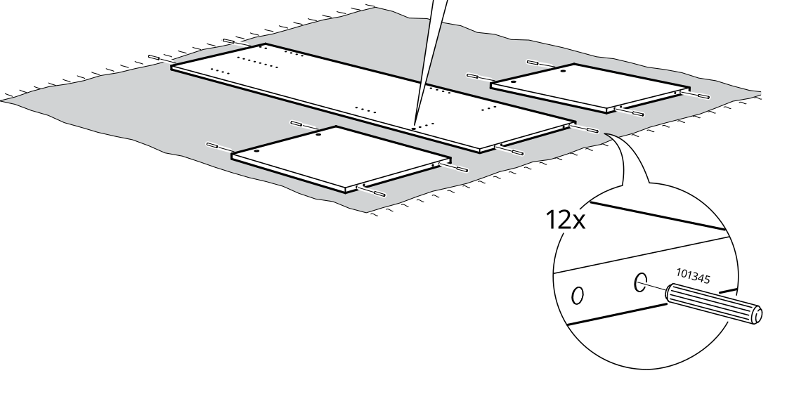 Diagram for step 1: Lay the panels face down, align the pre-drilled holes, and install the cylindrical hardware pieces as shown.