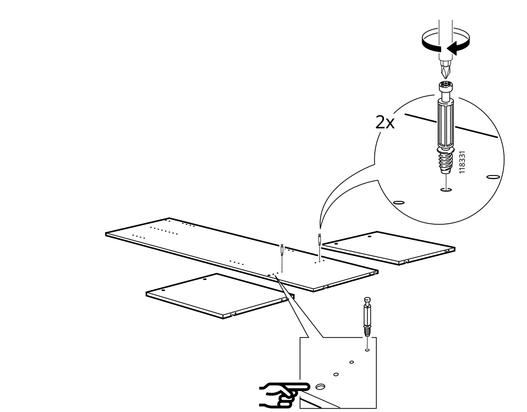 Diagram for step 2: Install two 118331 fittings into the predrilled panels and tighten them with a screwdriver as shown.
