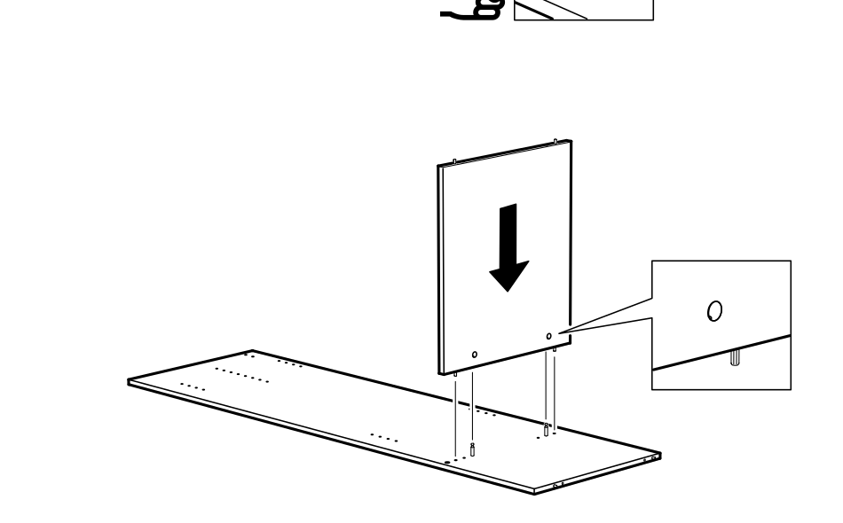 Diagram for step 3: Lower the upright panel onto the base panel and align the fittings with the predrilled holes as indicated.