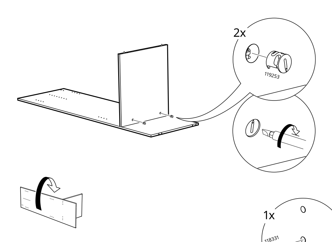 Diagram for step 4: Attach the upright panel to the base, secure it with two 119253 fittings, turn the fittings with a screwdriver, and rotate the assembled section as shown.