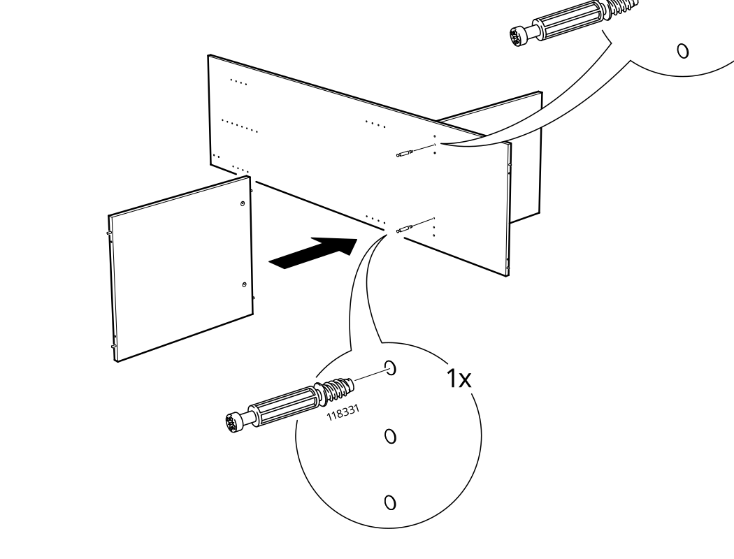 Diagram for step 5: Insert the side panel into the cabinet assembly in the direction of the arrow and secure it with the 118331 fitting.