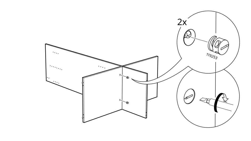 Diagram for step 6: Join the panels using two 119253 cam-lock fittings and turn the locks with a screwdriver.