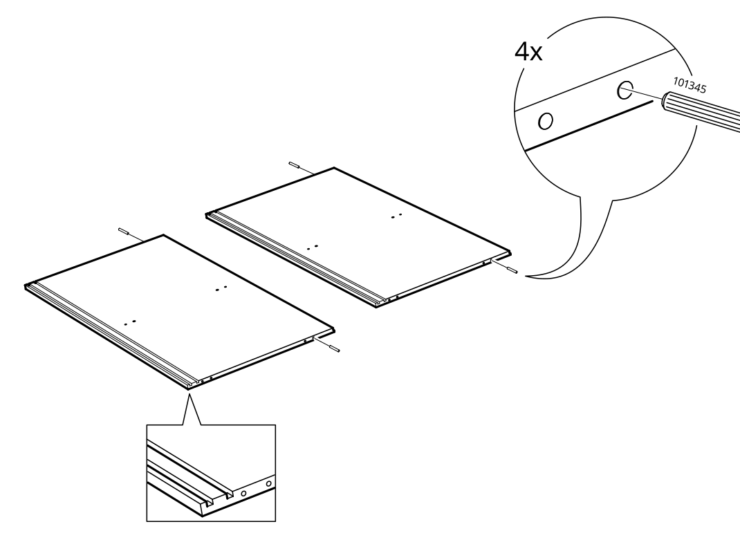 Diagram for step 7: Insert four 101345 dowel pins into the edges of the two panels.