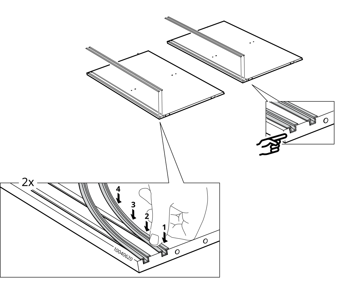 Diagram for step 8: The installer presses two drawer rails into the corresponding channels in the two drawer assemblies, following the indicated sequence.