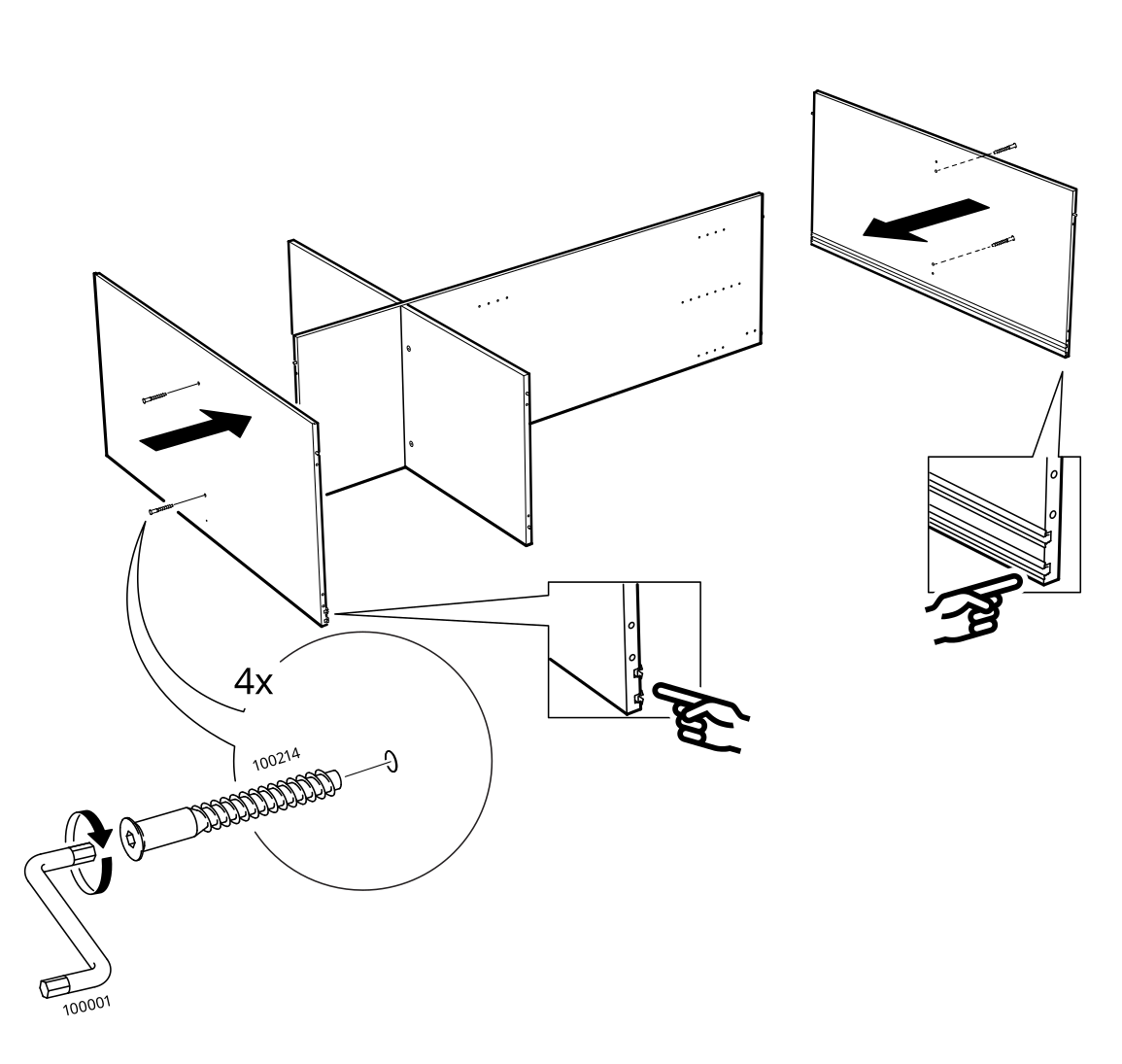 Diagram for step 9: The panels are joined with four screws, which are tightened with the 100001 hex key.