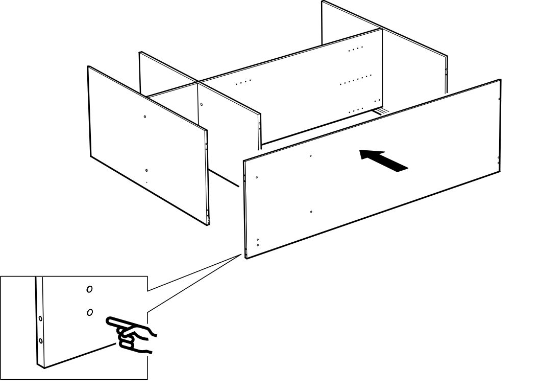 Diagram for step 10: Slide the front panel into position against the assembled frame, aligning the panel edge as shown.