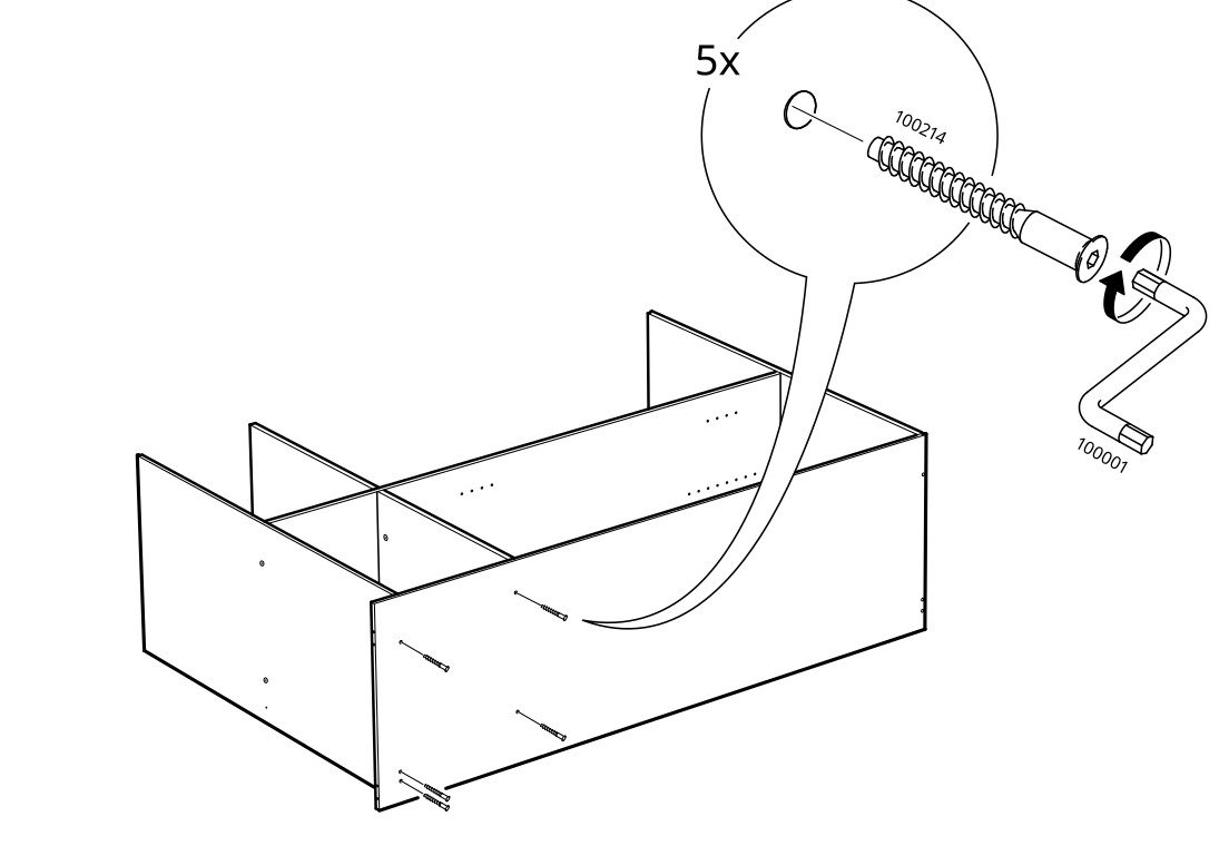 Diagram for step 11: Fasten the front panel to the frame with five screws using the 100001 Allen key.