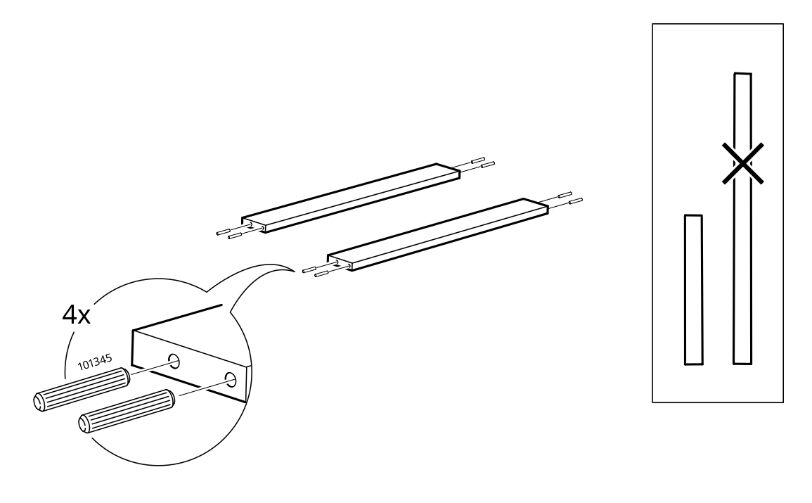 Diagram for step 12: Insert four 101345 dowels into the indicated panel or rail components.