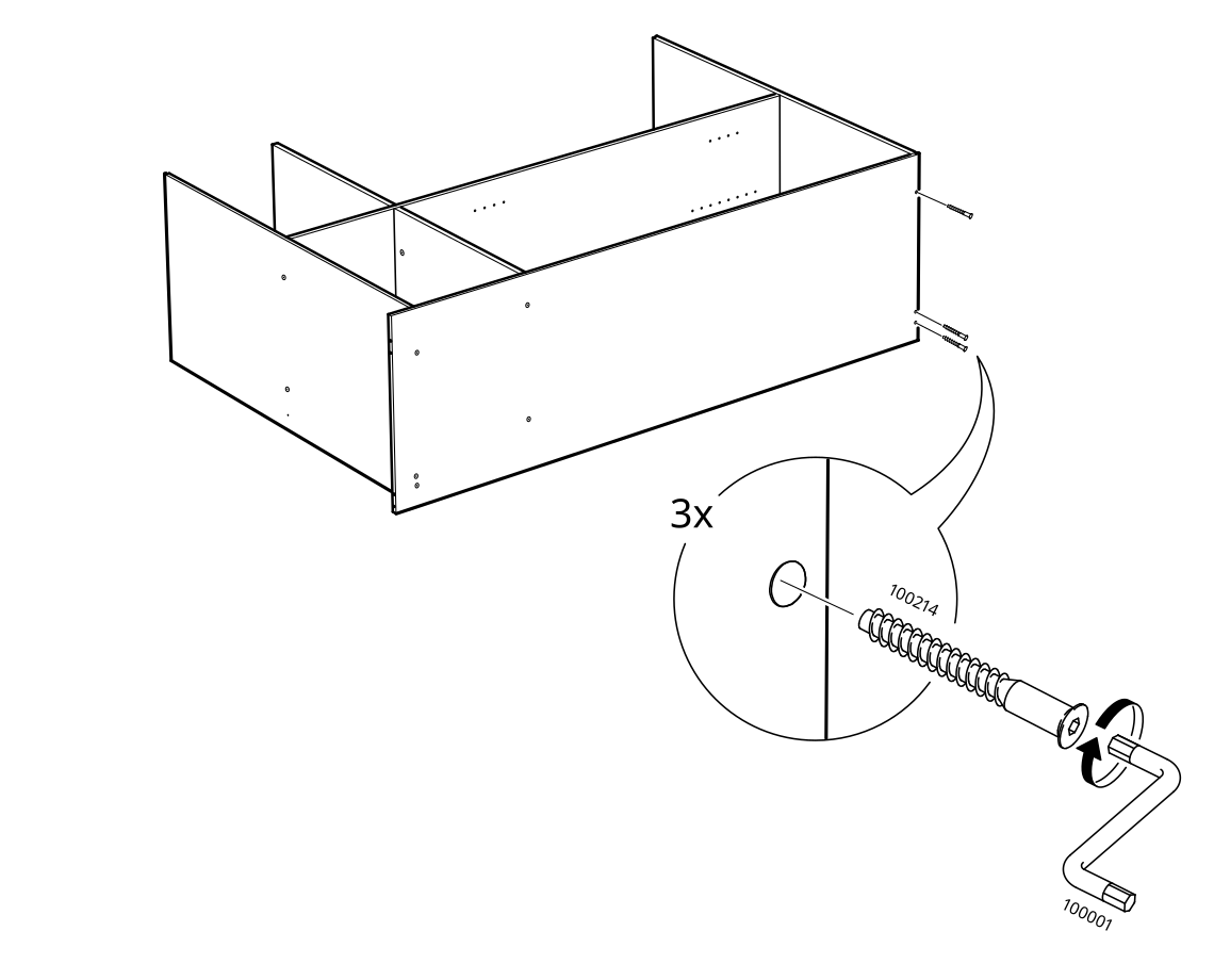 Diagram for step 14: Secure the cabinet panels by tightening three screws with the supplied Allen key.