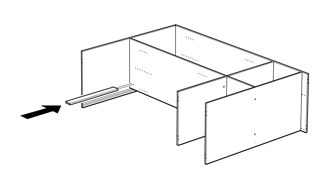 Diagram for step 15: Slide the two drawer runners into the assembled cabinet from the left side.