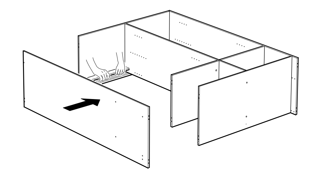 Diagram for step 16: Slide the large front panel into the partially assembled cabinet frame in the direction of the arrow.