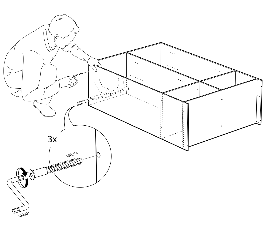Diagram for step 17: Secure the panel to the cabinet assembly with three screws using the hex key.