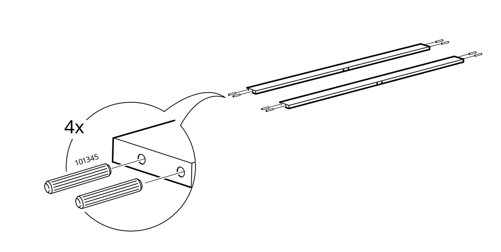 Diagram for step 18: Insert four cylindrical dowels marked 101345 into the holes in the panel, then position the two drawer runners above the assembly.