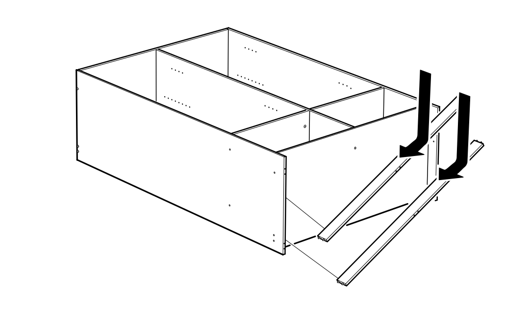 Diagram for step 19: Attach the two long runners to the right side of the partially assembled cabinet as indicated by the downward arrows.