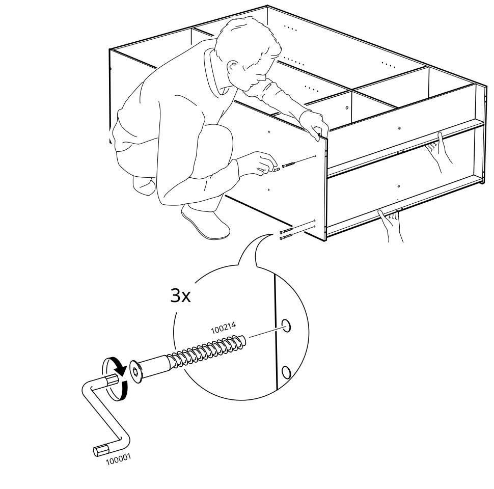 Diagram for step 20: The assembler secures the drawer/front assembly with three screws while turning them with an Allen key.