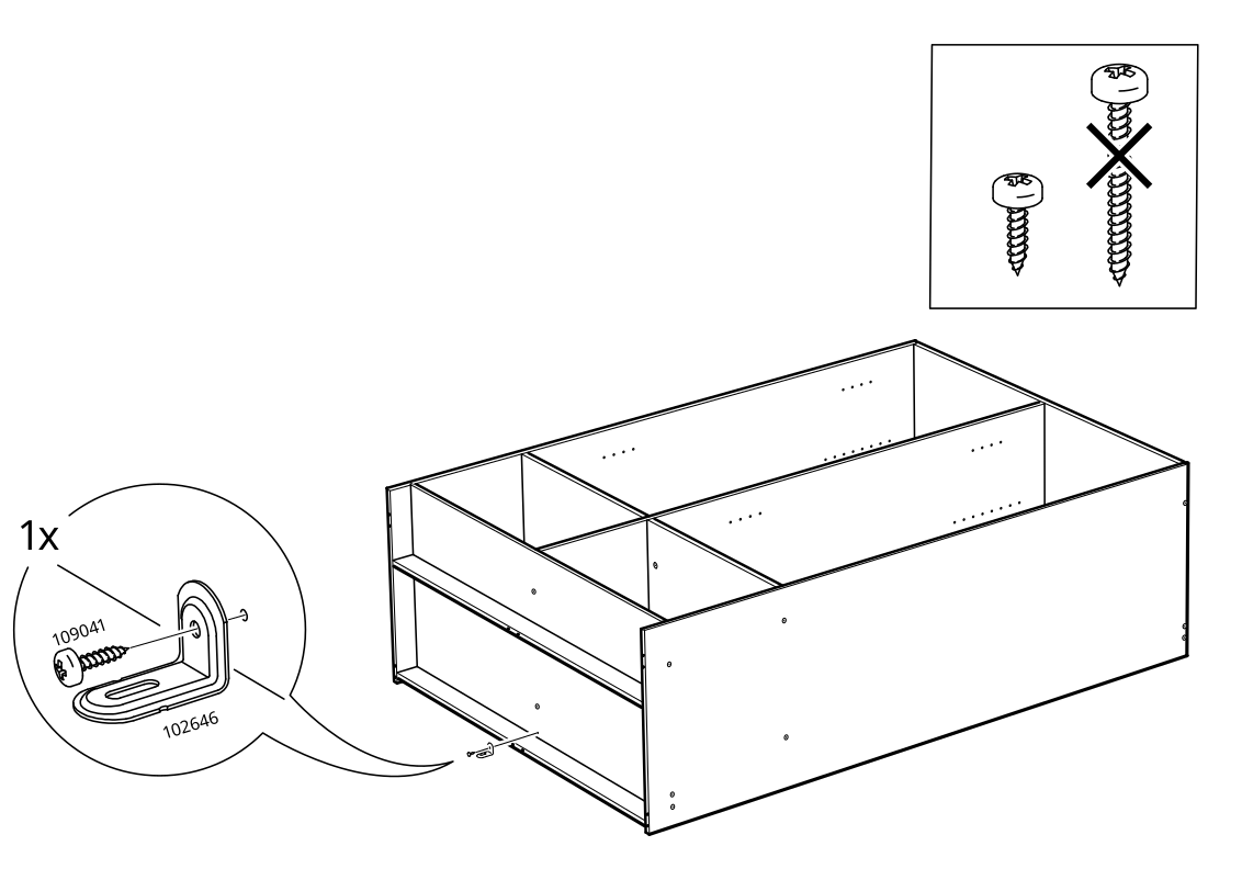 Diagram for step 22: The 102646 mounting bracket is secured to the assembled cabinet with one 109041 screw, using the shorter screw and not the longer screw shown crossed out.