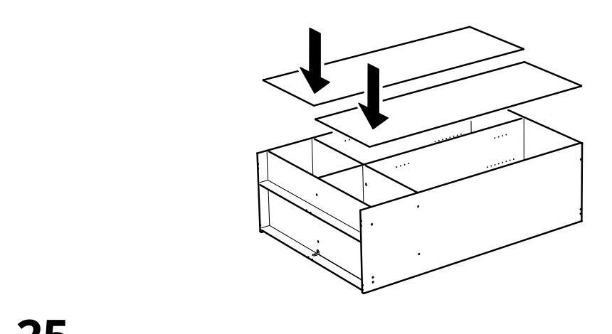 Diagram for step 24: Place the two panels onto the assembled drawer unit as indicated by the downward arrows.