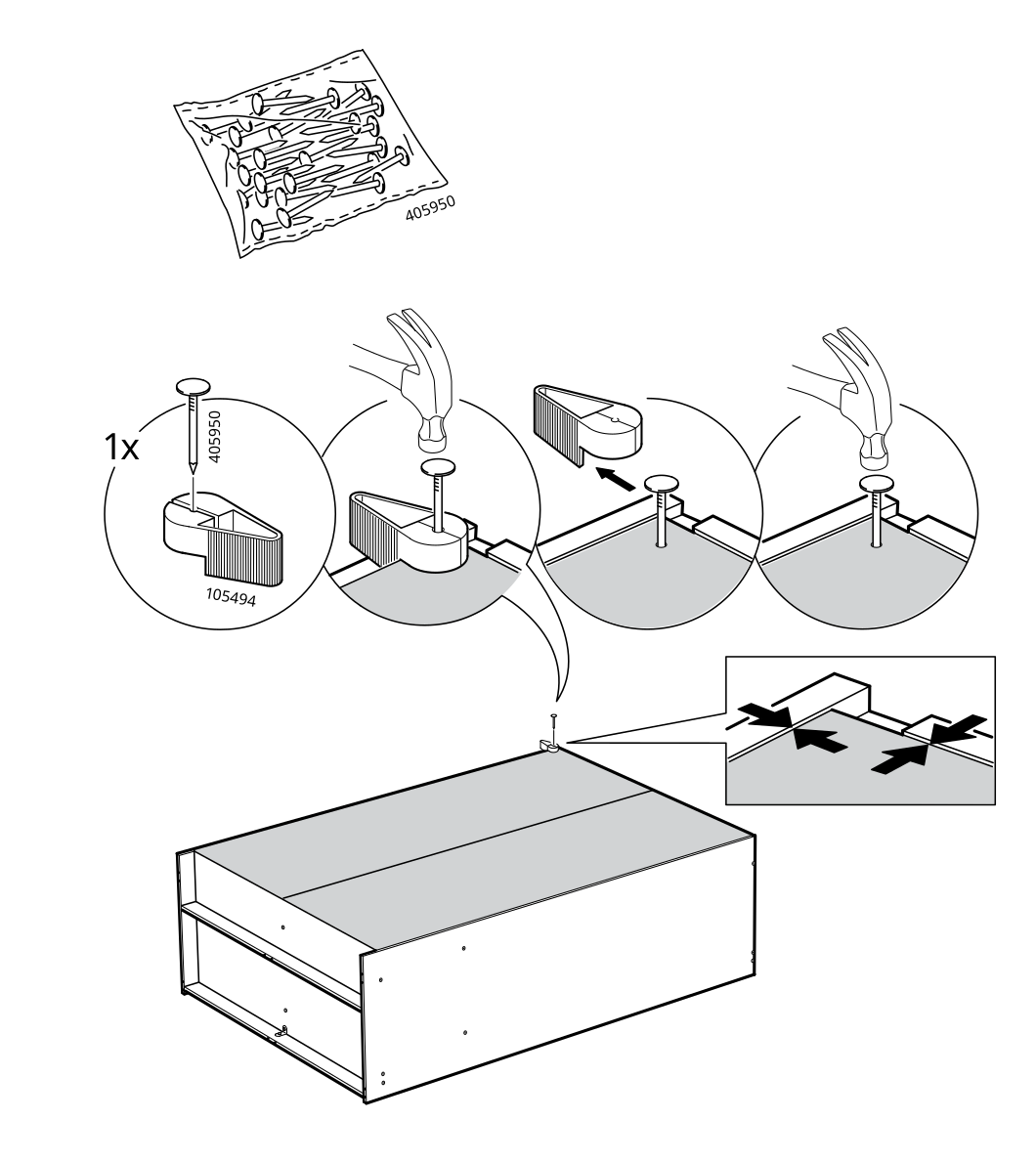 Diagram for step 25: Fasten the 105494 brackets to the drawer assembly using 405950 nails and a hammer, then press the indicated components into position.