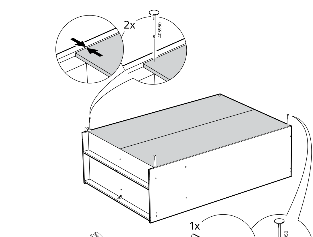Diagram for step 26: Secure the upper panel to the cabinet using two 405950 screws.