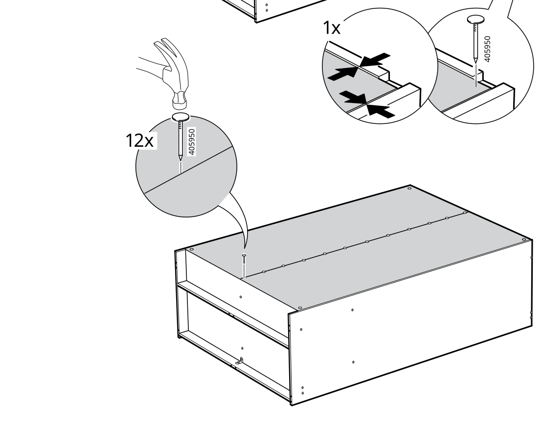 Diagram for step 27: Fasten the cabinet panels with 405950 screws, using a hammer for the indicated operation.