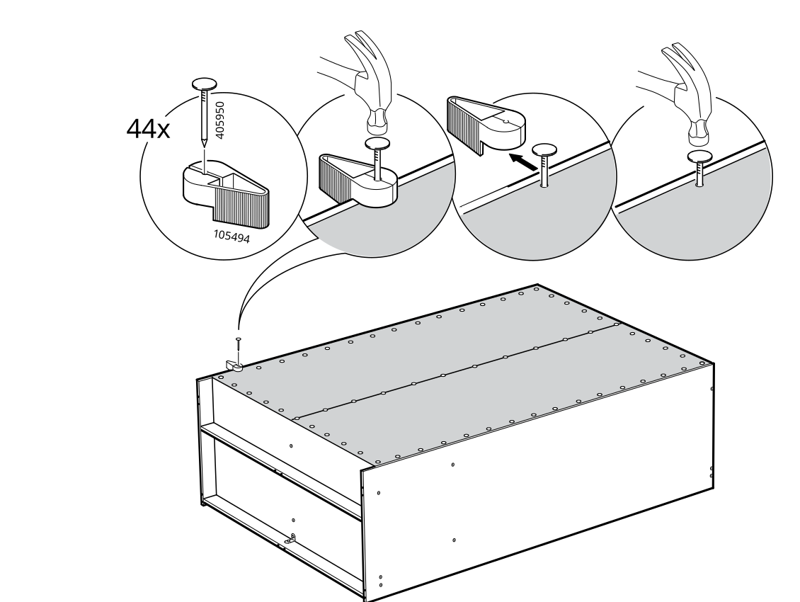 Diagram for step 28: Hammer 44 fasteners through the brackets and then place the brackets along the assembled cabinet panels as shown.