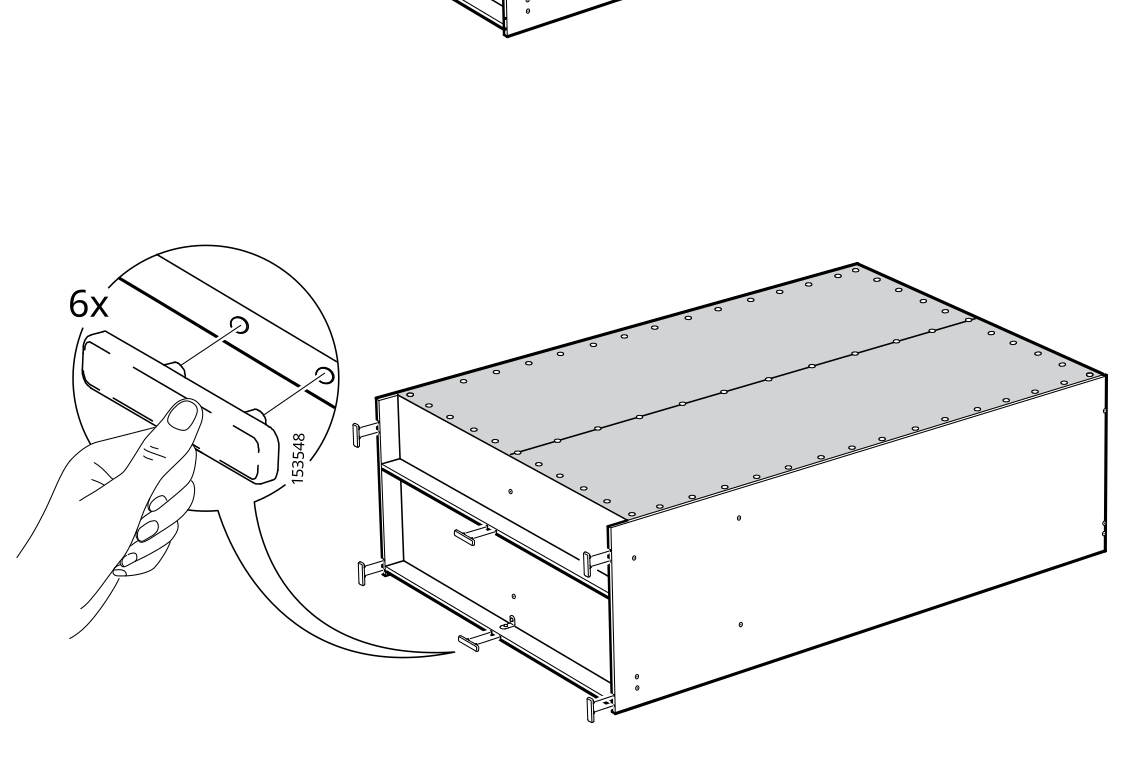Diagram for step 29: Press six 153548 components into the front edges of the assembled cabinet sections.