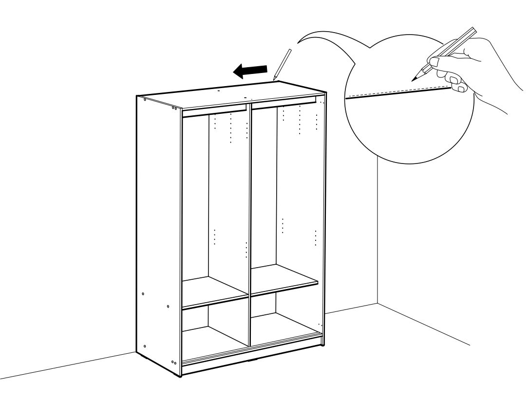 Diagram for step 30: Mark the indicated positions along the cabinet's top panel with a pencil.