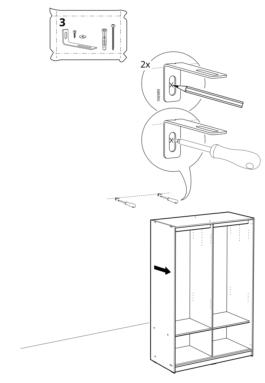 Diagram for step 31: The installer adjusts two slotted mounting brackets with a screwdriver and then fits the brackets into the cabinet at the indicated locations.