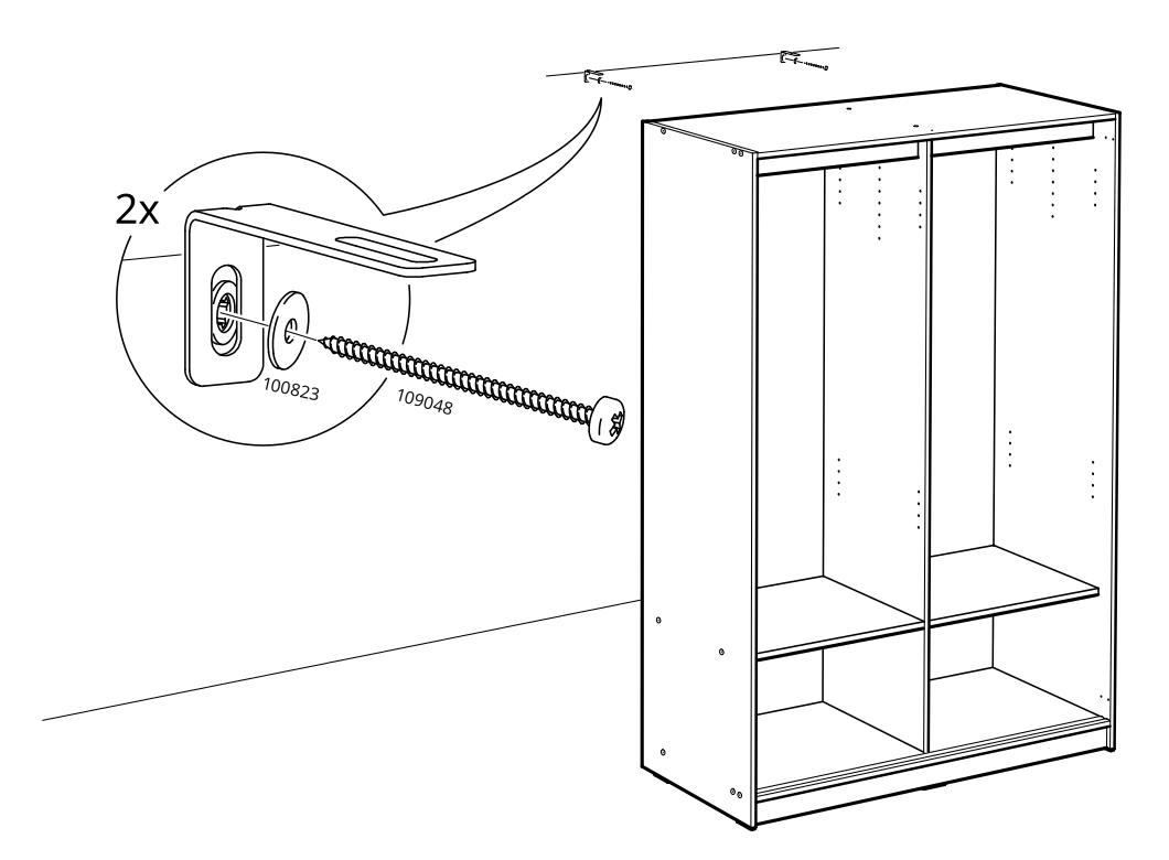 Diagram for step 32: Fasten the cabinet to the wall using two wall-fastening assemblies shown in the close-up.