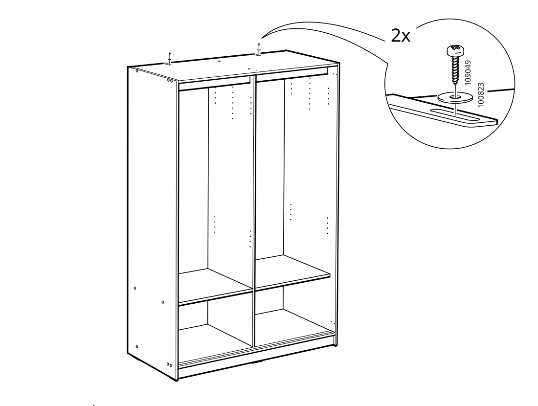 Diagram for step 34: Secure the upper panels to the cabinet using two screws and washers, as shown in the magnified detail.