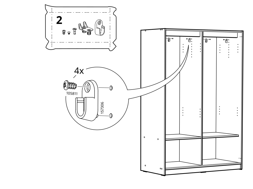 Diagram for step 35: Install the upper interior brackets in the cabinet using the supplied screws, following the indicated bracket orientation.