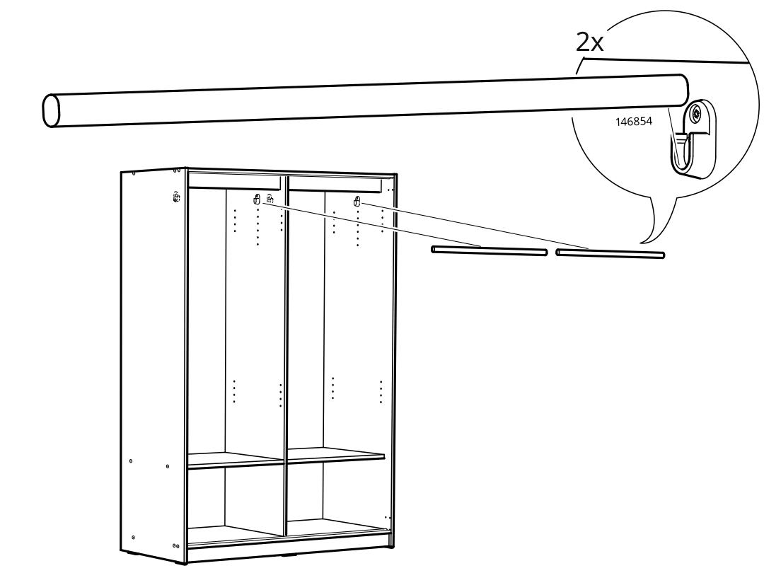 Diagram for step 36: Install the two horizontal rails or rods in the upper section of the cabinet using the indicated fittings.
