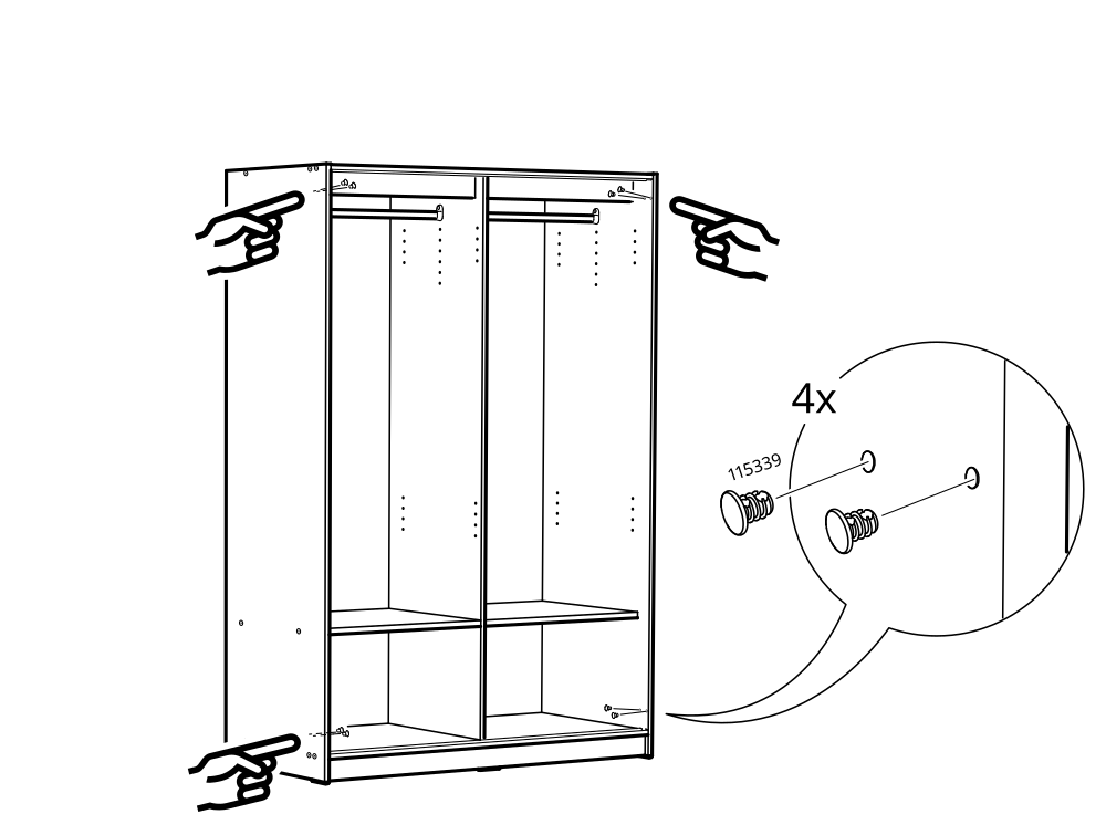 Diagram for step 37: Secure the cabinet assembly at the indicated locations using four fasteners while holding the panels in position.