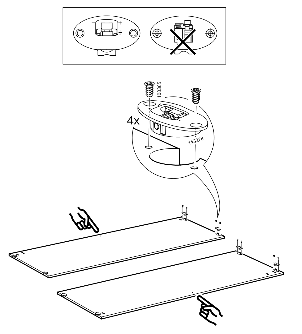 Diagram for step 38: Secure the 143278 component with four 100365 screws, then fit the hardware onto the two panels as shown.