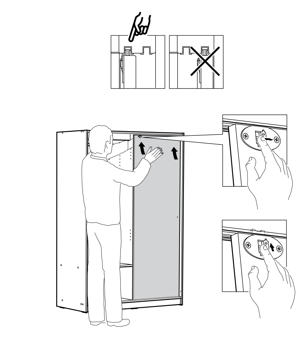 Diagram for step 41: Adjusts the cabinet door and hinge hardware by lifting the door and pressing the hinge mechanism into position as shown.