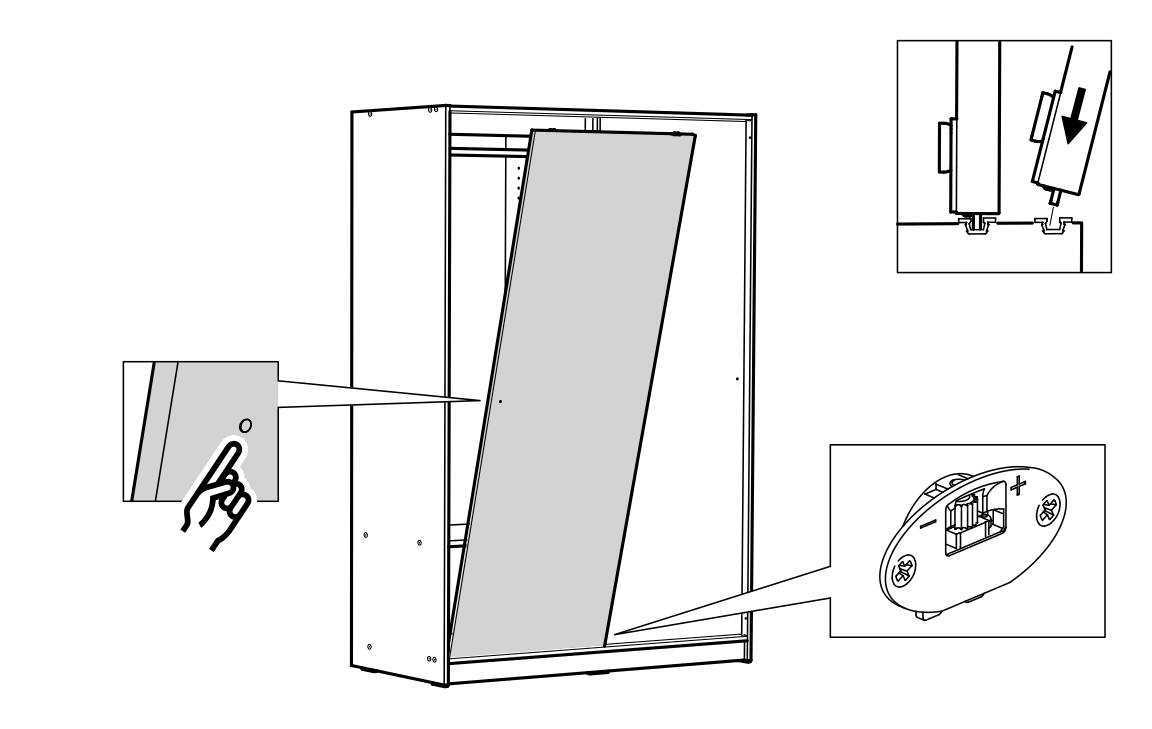 Diagram for step 42: Tilt the door panel into the cabinet, engage its fittings with the cabinet mounts, and secure the hardware as shown in the detail views.