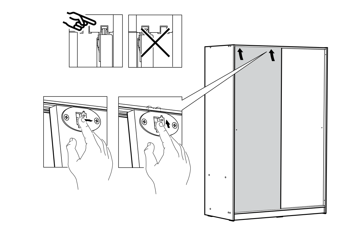 Diagram for step 43: Adjust and lock the installed door fittings, following the correct positioning detail and avoiding the crossed-out incorrect position.