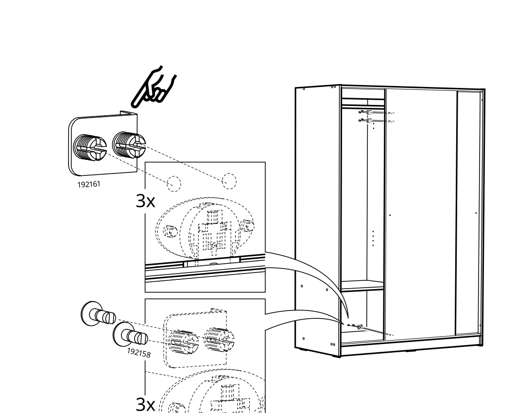 Diagram for step 44: The user positions three 192161 fittings and three 192158 fittings on the cabinet at the indicated locations.