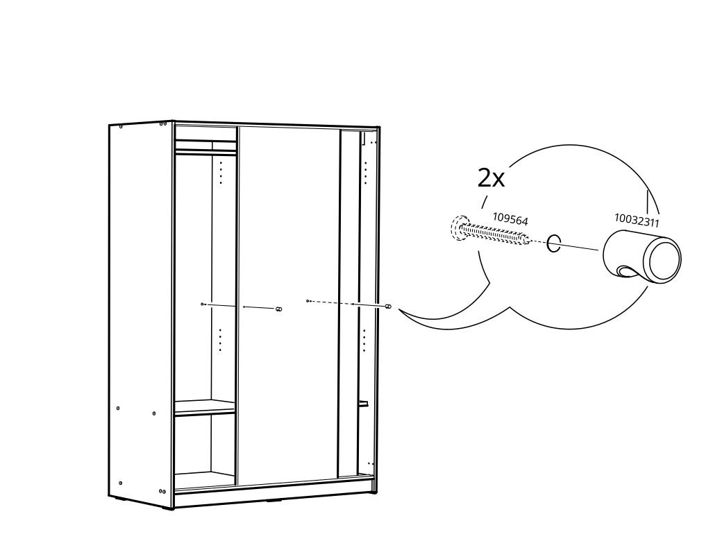 Diagram for step 45: Installs two hardware assemblies into the cabinet at the indicated mounting points.