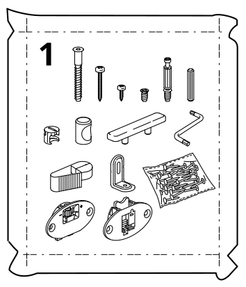 Illustration for assembly note: Parts-bag reference showing assorted assembly hardware and components for step 1.