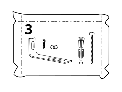 Illustration for assembly note: A parts-bag illustration marked 3 shows a slotted mounting bracket, screws, washers, and wall-plug-like hardware.