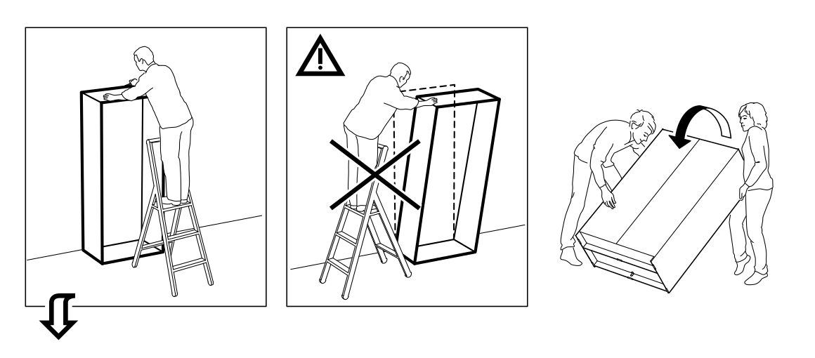 Illustration for safety warning: Safety guidance shows not standing on a ladder while working on the cabinet, not leaning or applying excessive force that could tip the cabinet, and rotating or repositioning the cabinet with two people.