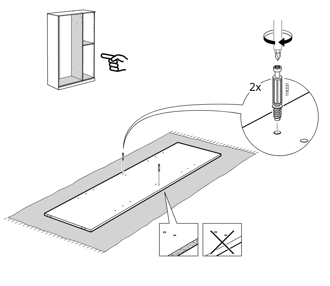Diagram for step 1: The panel is laid on a soft surface and two cam screws (118331) are inserted into the marked holes with correct edge orientation, with a close-up showing screw direction and a crossed-out incorrect side.